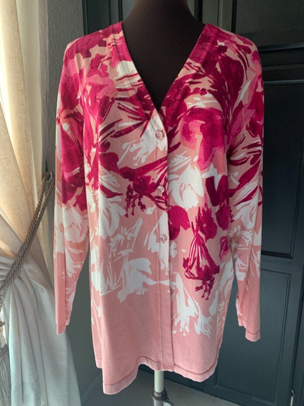 Isaac Mizrahi Live! V-Neck Engineered Floral Print Cardigan XL EUC